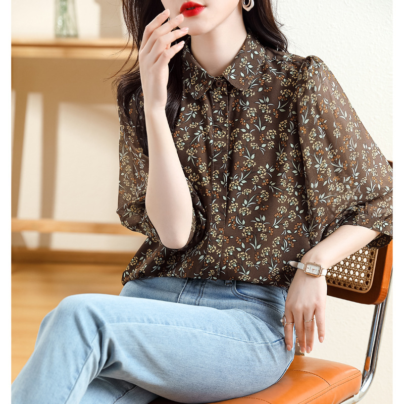 2024 New Quality Hangzhou Real Vintage Floral Shirt Women's Summer Printed Seven-Sleeve Western Style Mother Mulberry Silk