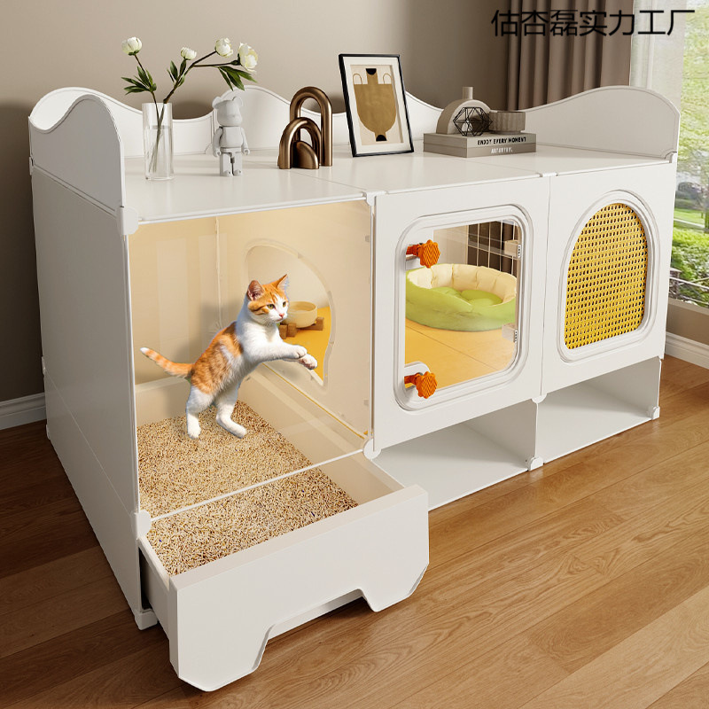 猫ケージ、広いフリースペース、1部屋、1リビングルーム、1バスルーム、猫の巣とトイレが一体化した家庭用屋内ヴィラ、敷地面積を占有しない|undefined