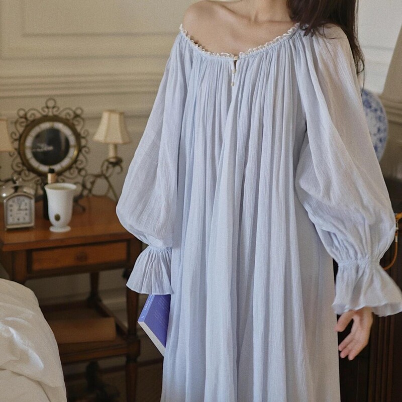 French Palace Style Lace Splicing Nightgown for Women Spring and Autum 2025 New Pleated Loose Large Size Home Long Skirt