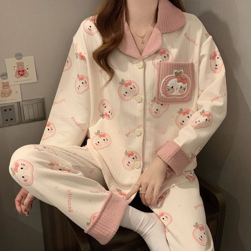 空气棉夹层睡衣女秋冬季新款可爱卡通格子开衫长袖加厚家居服套装|undefined