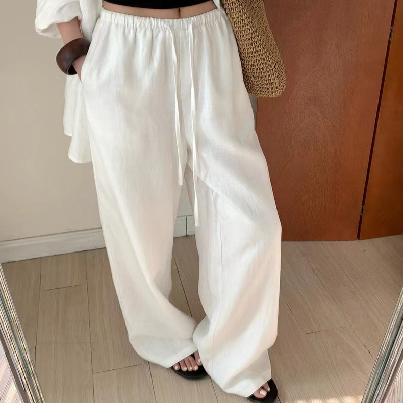 Relaxation White Linen Elastics Waist Drawstring Wide-leg Pants Women's Spring and Summer 2025 Loose All-match Casual Straight Pants Relaxation White Linen Elastics Waist Drawstring Wide-leg Pants Women's Spring and Summer 2025 Loose All-match Casual Straight Pants