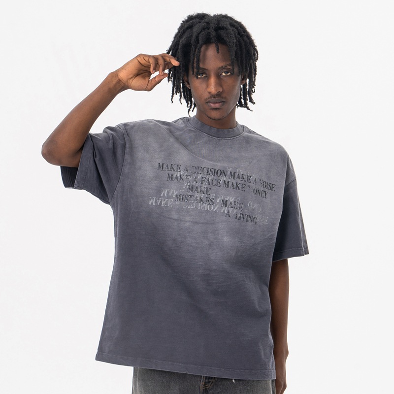 瀾海男装2025春夏新商品欧米潮牌300g竹節綿衝突色グラデーション丸首半袖tシャツ男