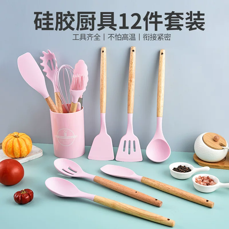 Spot silicone spatula for non-stick pans, special cooking spatula with wooden handle, 12-piece set including barrel self-heating bag