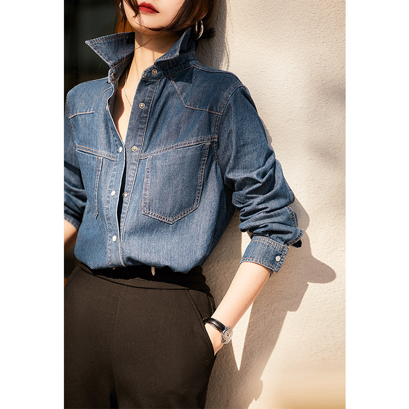 High-End Retro Washed Casual Denim Shirt for Women Early Spring New Style 2025 Elegant Fashionable Dark Blue Jacket
