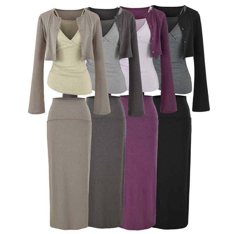 Spicy girl V-neck camisole + single-breasted short long-sleeve cardigan + high-waisted bodycon long skirt set for women Spicy girl V-neck camisole + single-breasted short long-sleeve cardigan + high-waisted bodycon long skirt set for women