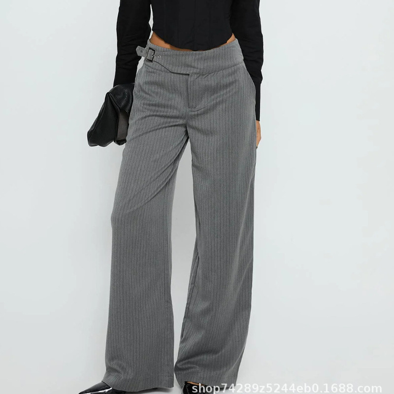 2026 Summer New Cross-Border Product: European and American Women's Trendy Casual Suit Pants with Loose Fit, Flared Stripes, and Low Waist Belt 2026 Summer New Cross-Border Product: European and American Women's Trendy Casual Suit Pants with Loose Fit, Flared Stripes, and Low Waist Belt