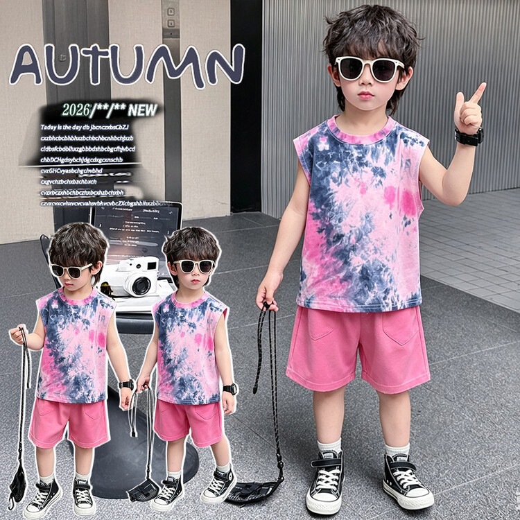 Boys' Summer Tie-Dye Pink Sleeveless Vest Set, Trendy Casual Two-Piece Outfit for Children, Export Clothing for Young Kids Boys' Summer Tie-Dye Pink Sleeveless Vest Set, Trendy Casual Two-Piece Outfit for Children, Export Clothing for Young Kids
