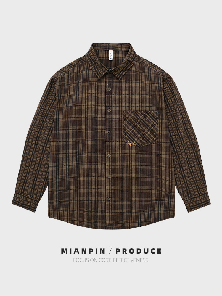 春秋メンズ純綿チェック柄長袖シャツ 日本風レトロ刺繍カジュアルウォッシュドコットンシャツ トレンドD261