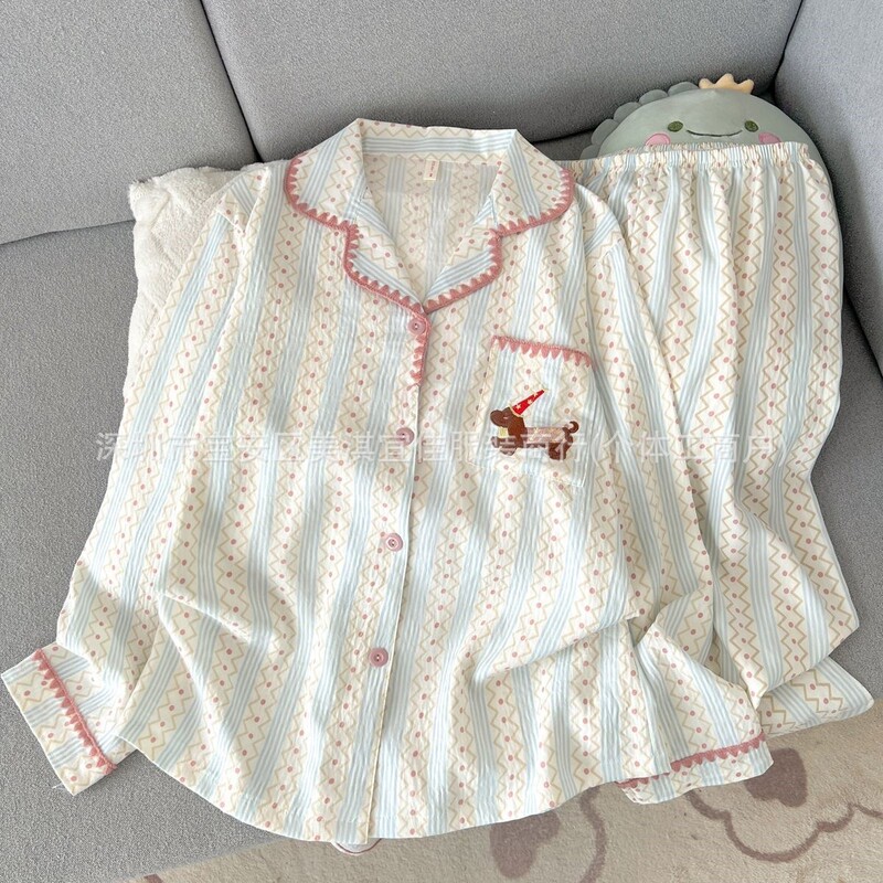 In-Stock Long-Sleeve Live-Stream Popular Foreign Trade Ins Cross-Border Korean-Style Women's Pajama Cardigan Sweet Cartoon Japanese Style Spring and Autumn Season In-Stock Long-Sleeve Live-Stream Popular Foreign Trade Ins Cross-Border Korean-Style Women's Pajama Cardigan Sweet Cartoon Japanese Style Spring and Autumn Season