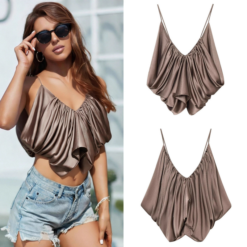 Foreign Trade Cross-Border Wholesale of European and American Style Women's Clothing, New Summer Fashion Trendy Silk Satin Texture Pleated Tops Foreign Trade Cross-Border Wholesale of European and American Style Women's Clothing, New Summer Fashion Trendy Silk Satin Texture Pleated Tops