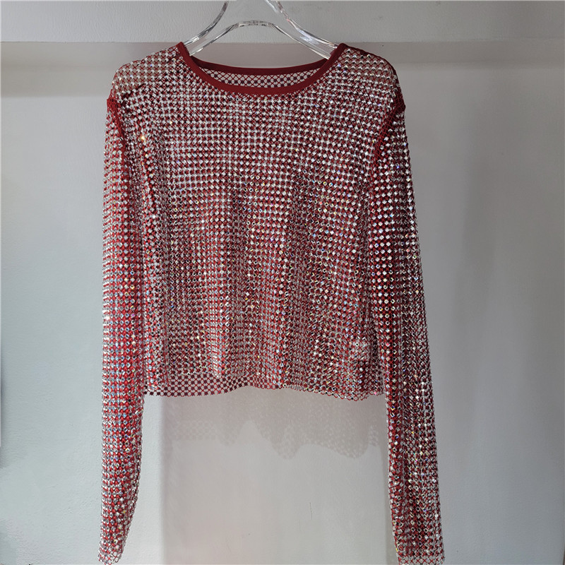 Luz de lujo de alto nivel suave chaqueta de cristal de diamante de malla super celestial dentro de la fiesta bling brillante camiseta de base vaciada