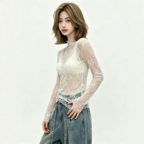 Heavy-duty lace ruffled half-high-neck base shirt for women, thin, high-end mesh, hollowed-out, layered, sheer, and lightweight luxury top