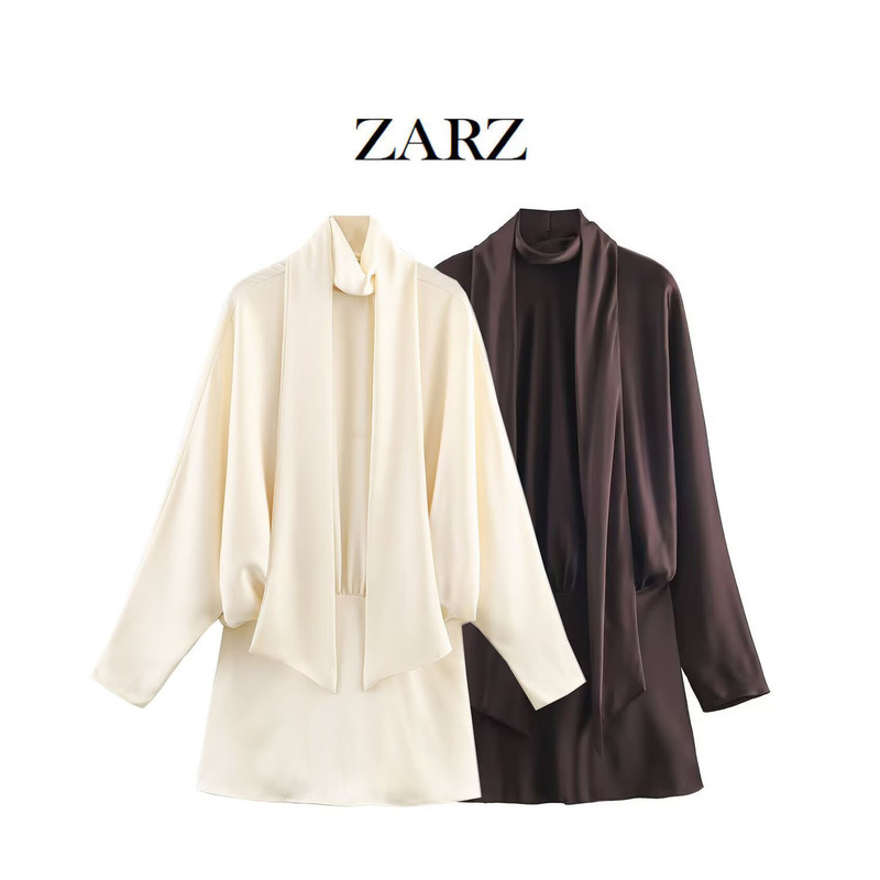 Zarz Homemade European and American Style New Women's Clothing Western Style Silk Satin Texture Scarf Decorated Short Dress 9736332