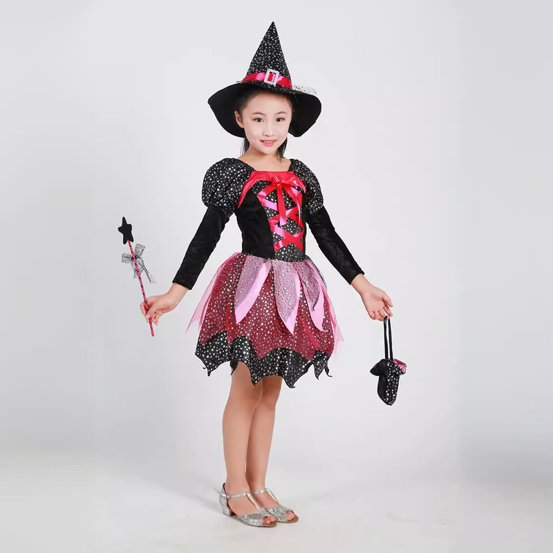 2017Ins Halloween Kidsren's Witch Elf Cape Dress Cosplay Magician Performance Costume Set
