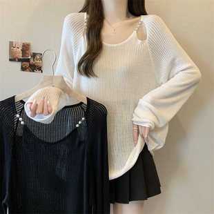 Real shot slightly fat plus size women's 2025 spring and summer round neck knitted hollow sunscreen shirt chubby girl long sleeve thin top