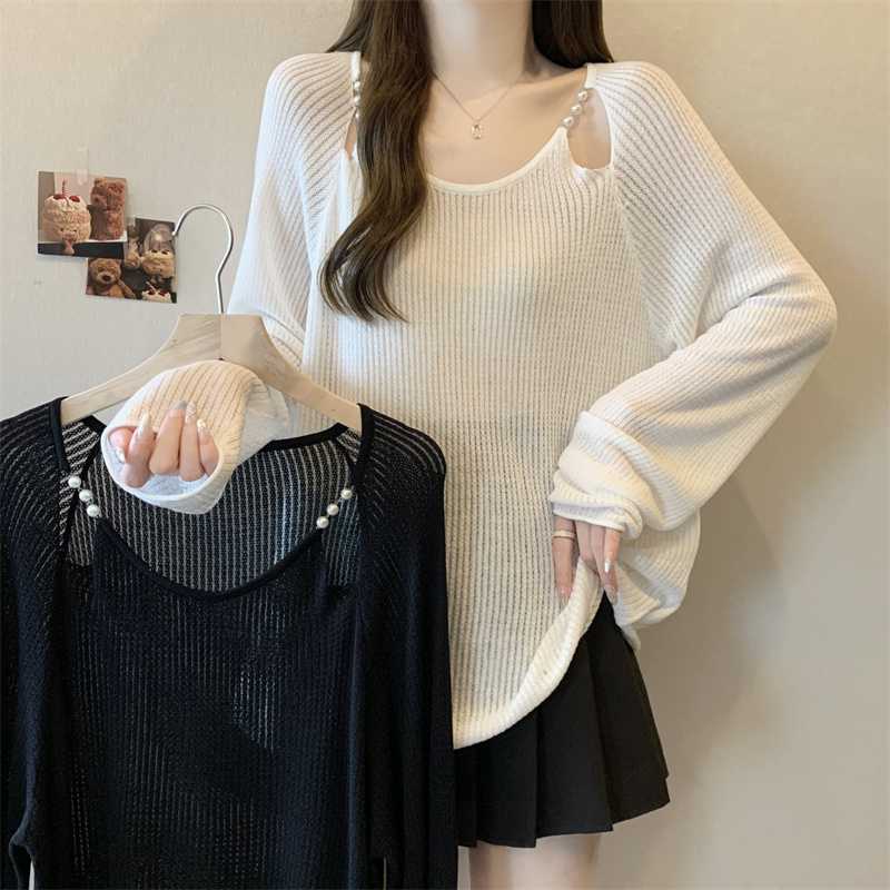 Real shot slightly fat plus size women's 2025 spring and summer round neck knitted hollow sunscreen shirt chubby girl long sleeve thin top