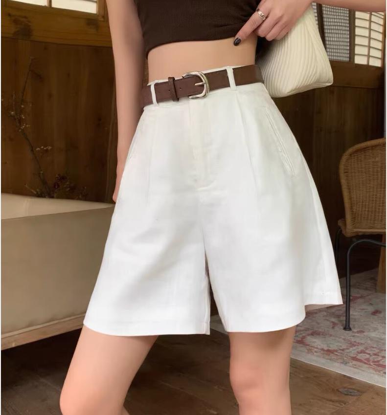 Quần short nữ vải lanh phối cotton dáng rộng ống suông mùa hè — màu trắng chi tiết 6