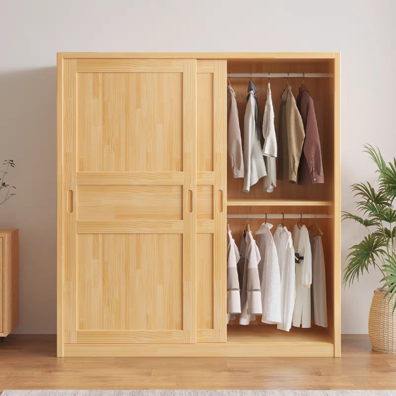 Solid Wood Wardrobe Home Bedroom Sliding Door Wardrobe Rental Room Simple Wardrobe Storage Locker Sliding Children's Wardrobe