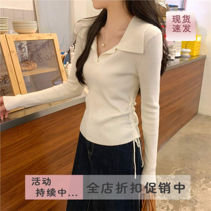 现货实拍春秋韩版新款设计感抽绳收腰polo领长袖内搭针织衫女上衣|undefined