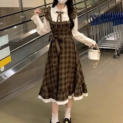 秋季新款韩版复古学院风小个子假两件格纹连衣裙女高腰显瘦中长裙