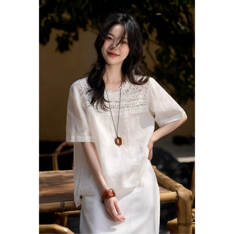 Yimeng Fusheng Heavy Industry кружево + свободная рубашка с короткими рукавами и круглым вырезом, женский топ 25, новинка лета