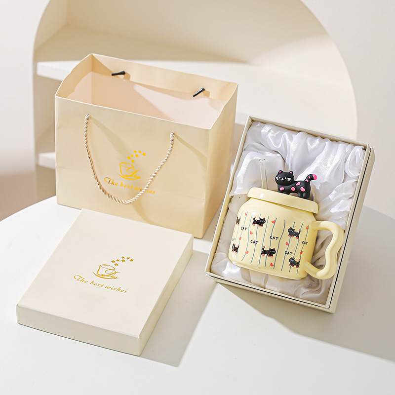 Taza de paja de dibujos animados de gato lindo suave Taza de oficina de alto valor con tapa Taza de pareja casera Taza de desayuno