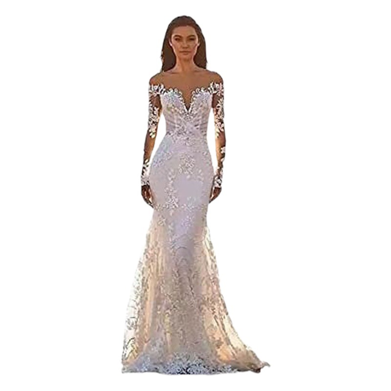 Amazon trailing vestido de novia sexy cintura fishtail 2024 primavera nuevo adelgazar fuera del hombro profundo V vestido de novia