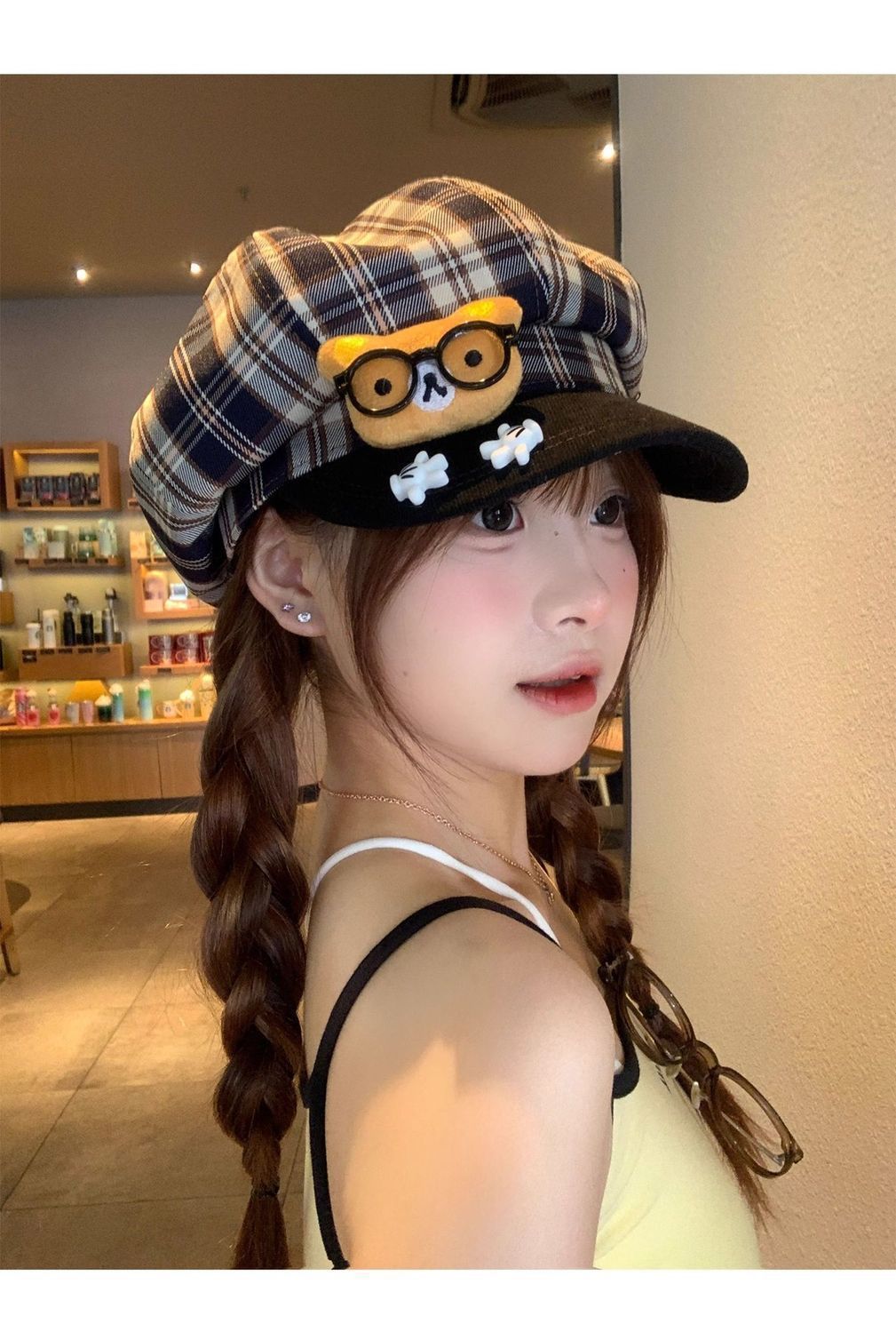 Cute Cartoon Bear Beret Hat For Women Plaid Octagonal Cap Style_voghion.com