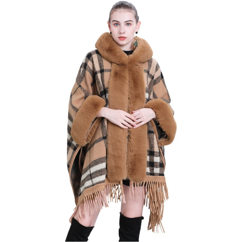 Живая поставка Европейская и американская плюс размер пальто меховой воротник плед с капюшоном кисточкой накидка Шаль вязаная шаль кардиган 1534
