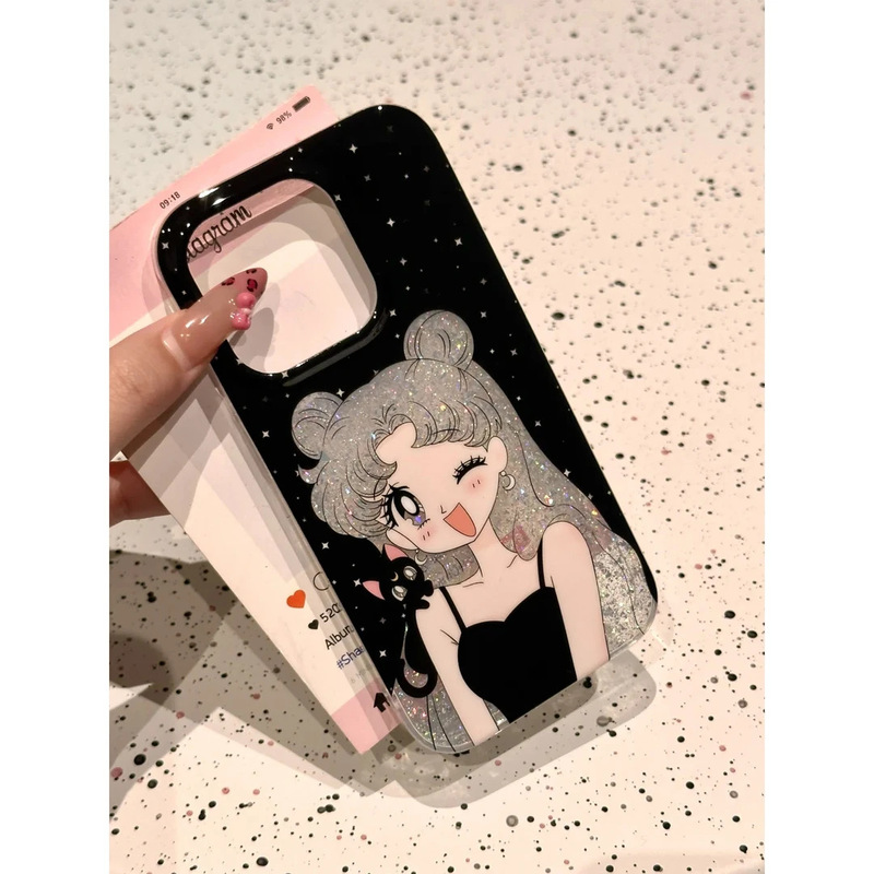 Hollow Black Cat Beauty Girl Suitable for Apple 17/16Pro Phone Case iPhone 15Imd Glitter 13 Cartoon 14
