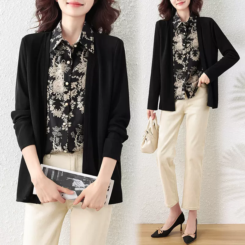 假两件印花长袖衬衫女秋装新款春秋上衣妈妈洋气显瘦女士衬衣