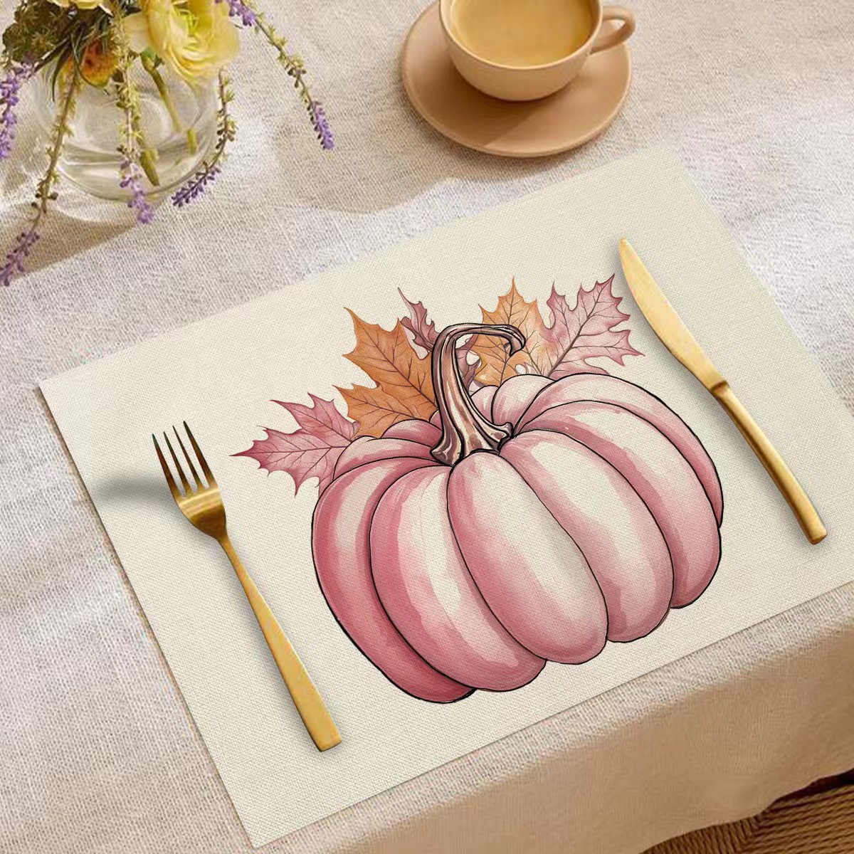 Transfronterizo temu explosión Día de Acción de Gracias otoño calabaza lino estampado conjunto lino estampado mesa de restaurante