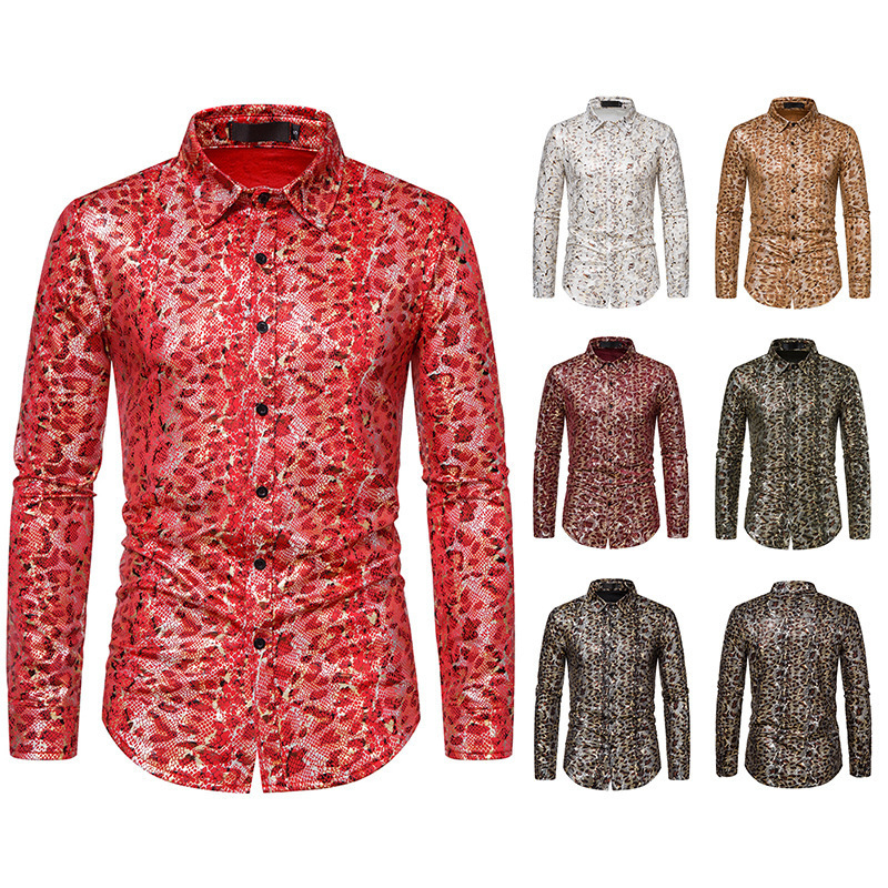 2026 Men's Camouflage Gold Foil Long Sleeve Button-Down Shirt Disco Party Christmas Shirt Prom Costume
