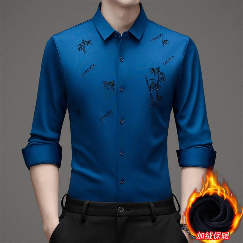 New men's Chinese-style printed fleece-lined long-sleeve shirt, thickened and warm for autumn and winter, casual top for middle-aged men