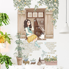 Window sill girl background wall sticker removable plant fresh small flower sticker painting pot plant leaf decoration waterproof wall sticker