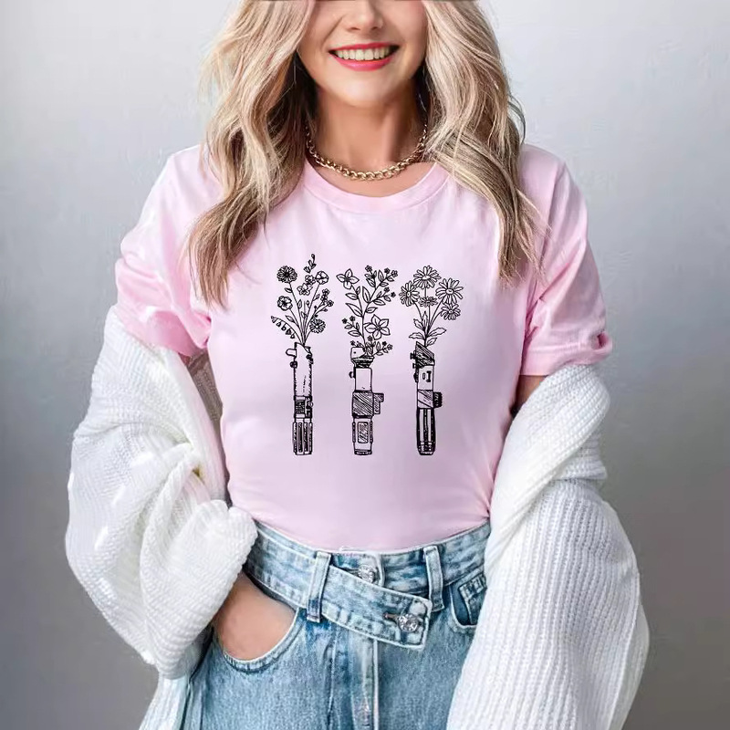 Amazon cotton European and American size Star Wars flower lightsaber foreign trade T-shirt ladies crew neck short sleeve in stock wholesale
