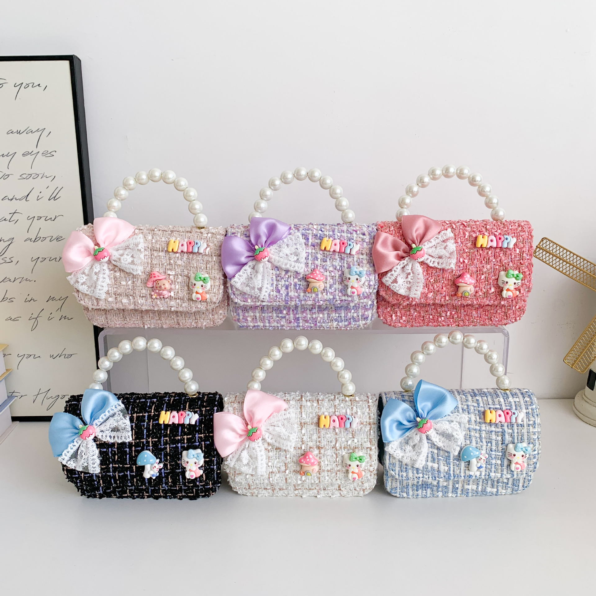 Bolso de moda para niños, bolso de cinturón de cadena de chicas, bolso de hombro de dibujos animados lindo, bolso de perla brillante, bolso pequeño