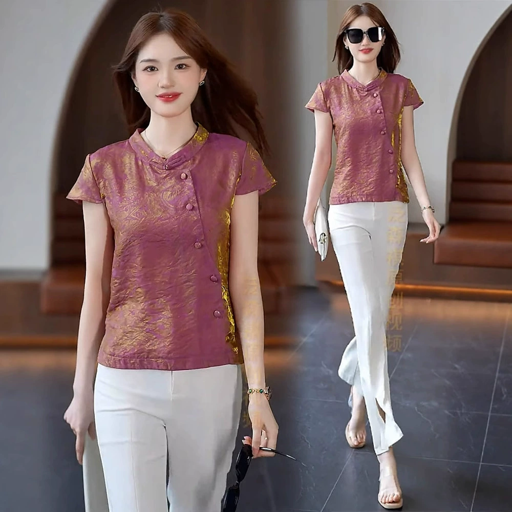 Новая женская рубашка с короткими рукавами в китайском стиле, лето 2025, новый стиль, жаккардовая рубашка на пуговицах с воротником-стойкой, топ для маленьких людей