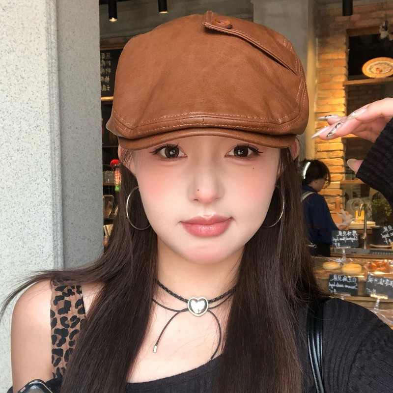 日系纽扣pu皮质前进帽女小众设计大头围显脸小气质反戴贝雷帽子潮|undefined