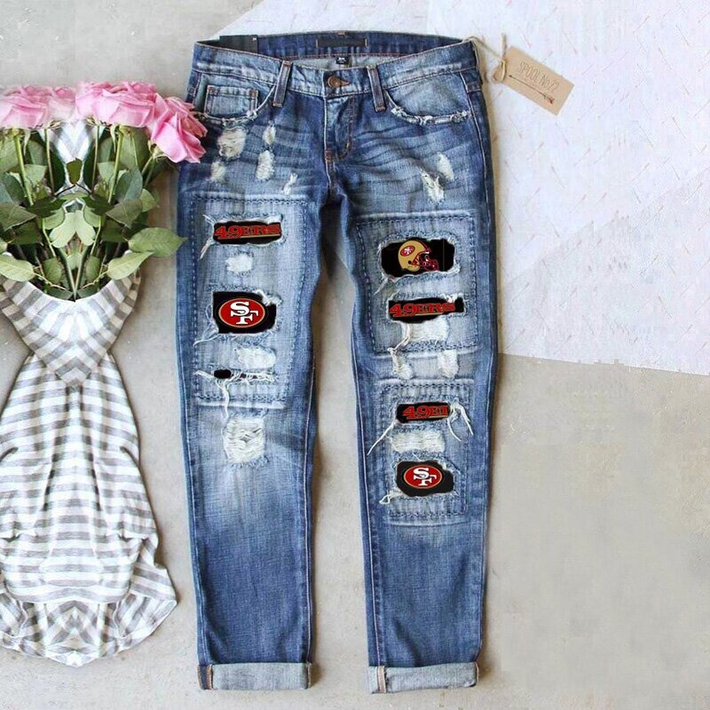 European and American Cross-Border Independent Station Foreign Trade Ripped Printed Street Contrasting Hip-Hop Street Straight Mid-Waist Women's Jeans