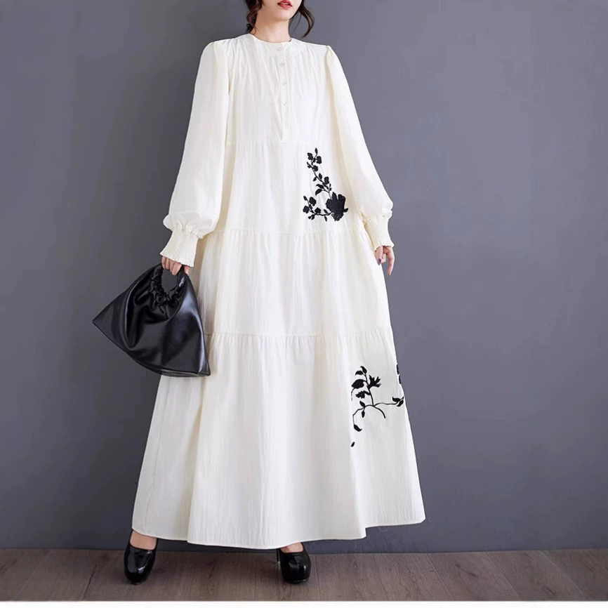 Fashionable autumn long skirt, dress, with embroidery, flowered, plus size
