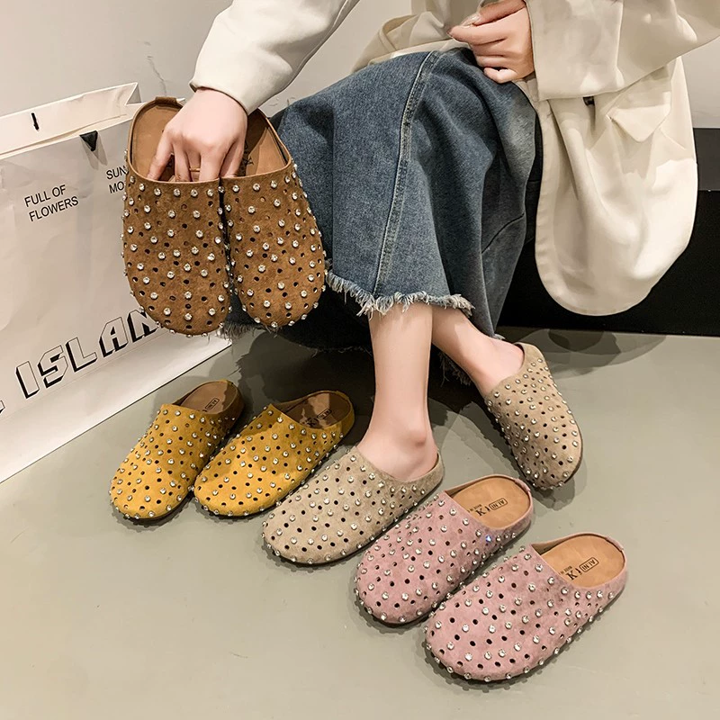 Стразы Баотоу половина тапочек женщины носят ретро обувь Birkenn 2025 супер огонь одна педаль ленивая обувь внешняя торговля