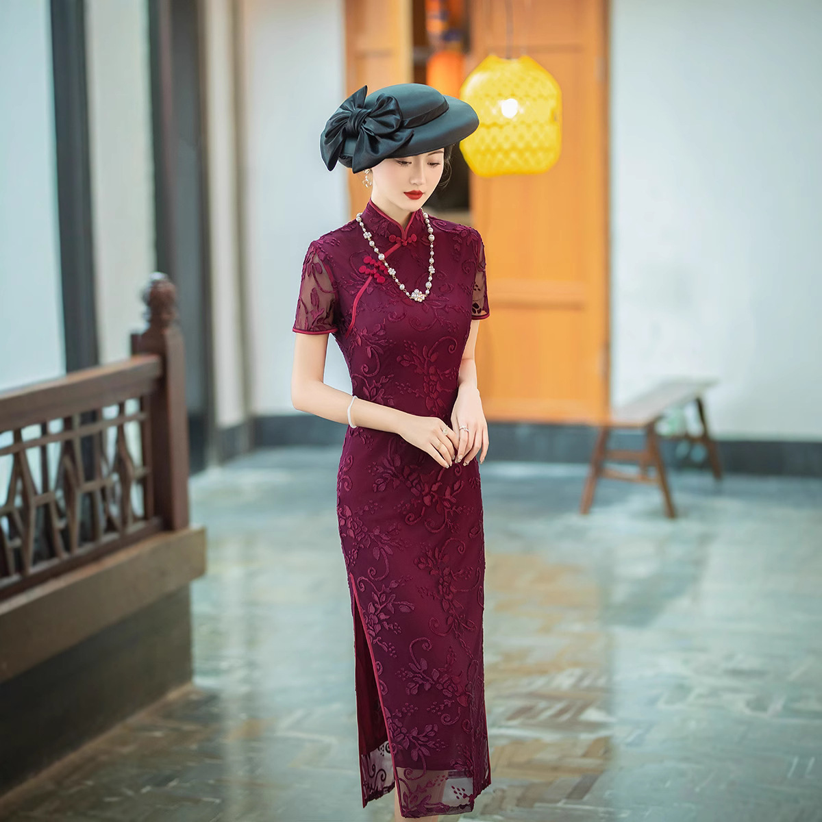 Fashionable long summer velvet retro cheongsam