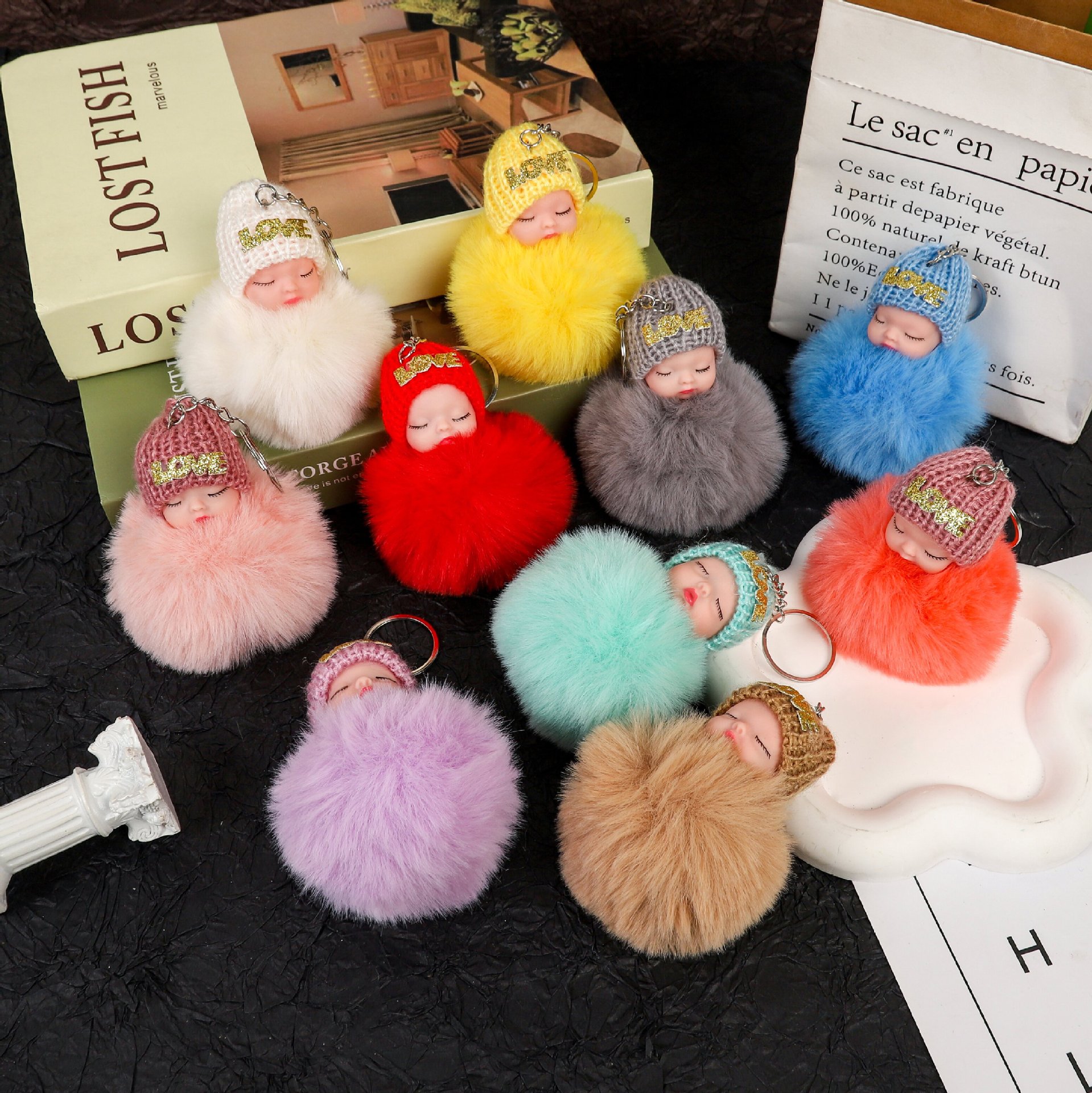 创意毛球LOVE毛线帽睡娃钥匙扣公仔挂件车钥匙链包包挂饰礼品批发