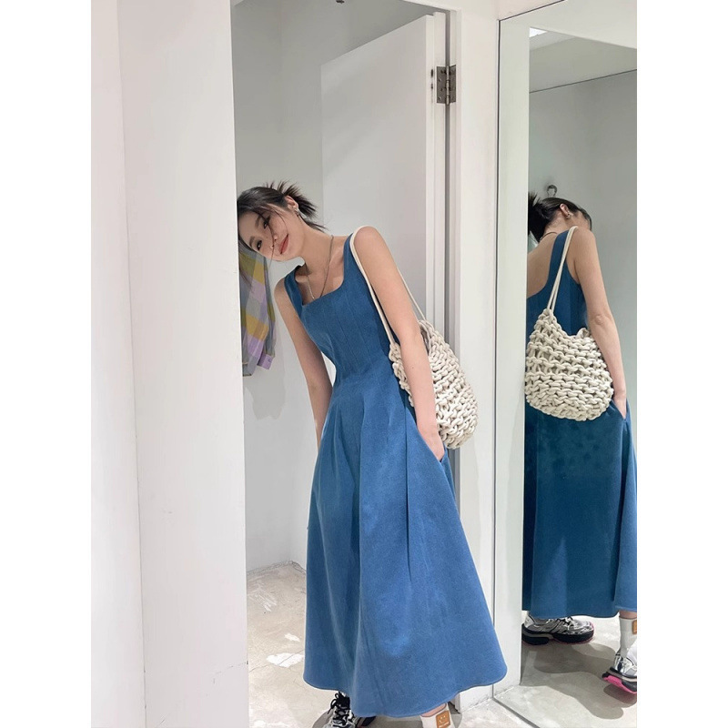 Blue Fog Love French Style Denim dress Women's Summer Xiazhong Design Sense Tight Waist Elegant Sling Long Dress Blue Fog Love French Style Denim dress Women's Summer Xiazhong Design Sense Tight Waist Elegant Sling Long Dress