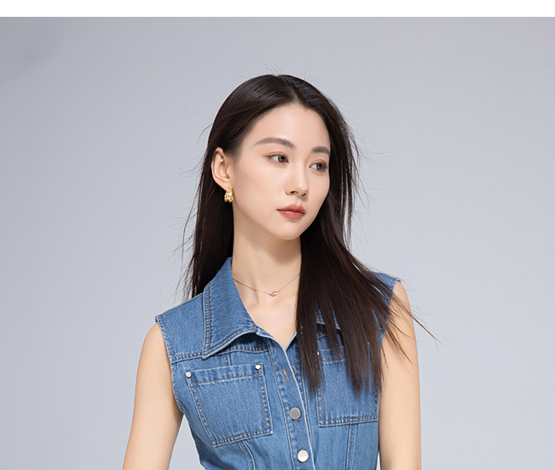 Váy denim cổ điển dáng dài không tay, thắt eo tôn dáng — Xanh lam hoài cổ chi tiết 22