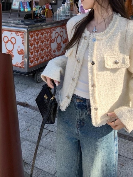 矜贵玛德琳米白色小香风外套女2025春秋高级感气质短款上衣|undefined