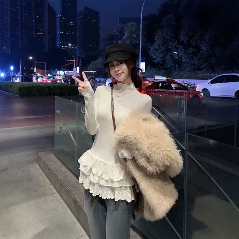 Derong Half-High Collar Long-Sleeved T-Shirt for Women, New Autumn and Winter Style, Multi-Layered Lace, Slim Fit Inner Layering Shirt