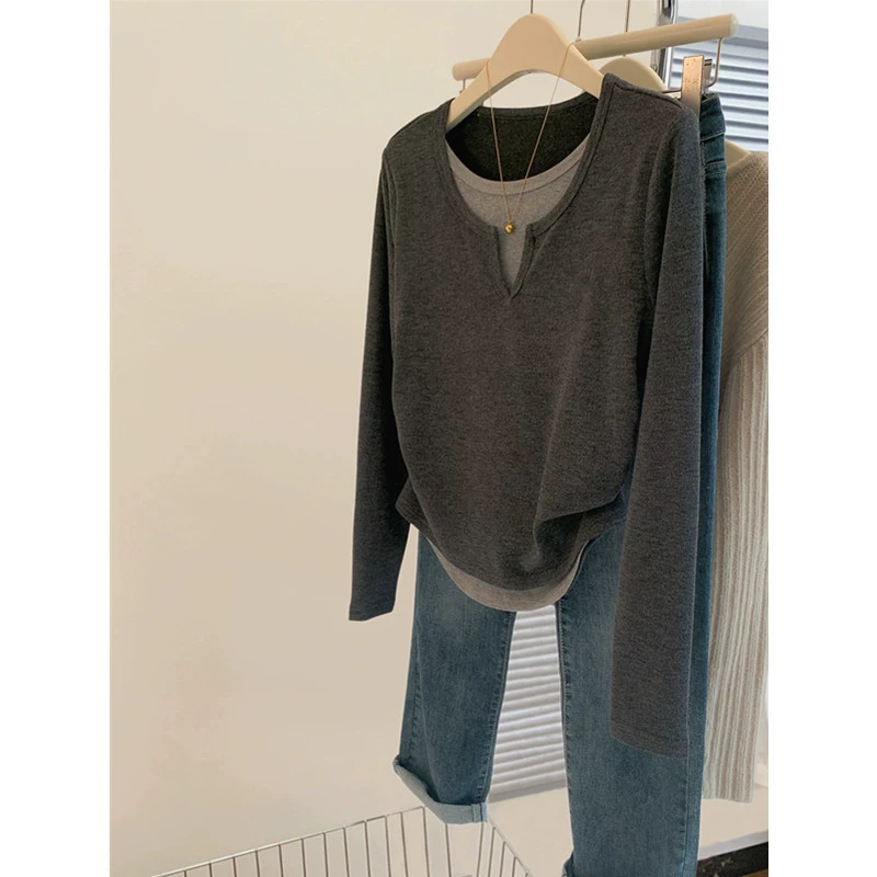 Fake Two-piece Black Shoulder Long-sleeved T-shirt plus size Women's Autumn and Winter European New chubby girl Inner Base Shirt Top