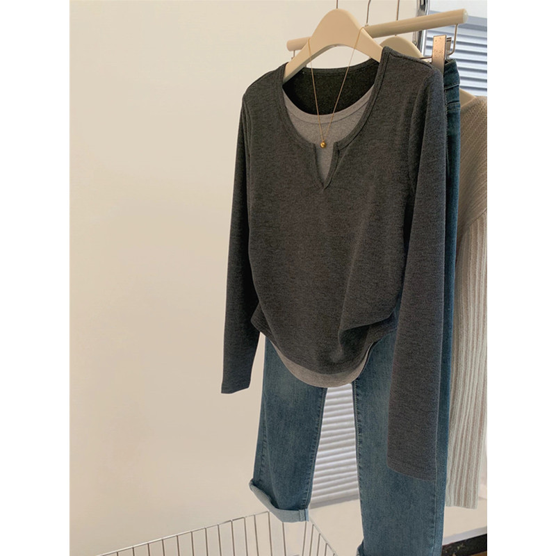 Fake Two-piece Black Shoulder Long-sleeved T-shirt plus size Women's Autumn and Winter European New chubby girl Inner Base Shirt Top